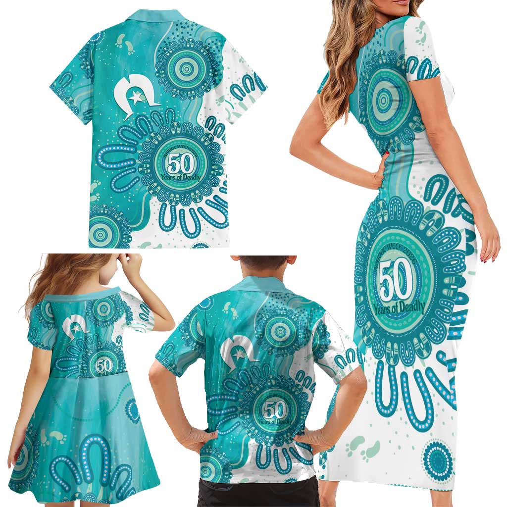 NAIDOC Week 2026 Family Matching Short Sleeve Bodycon Dress and Hawaiian Shirt 50 Years Deadly Dhari Cyan Aboriginal Art