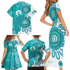 NAIDOC Week 2026 Family Matching Short Sleeve Bodycon Dress and Hawaiian Shirt 50 Years Deadly Dhari Cyan Aboriginal Art