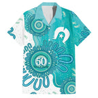 NAIDOC Week 2026 Family Matching Short Sleeve Bodycon Dress and Hawaiian Shirt 50 Years Deadly Dhari Cyan Aboriginal Art