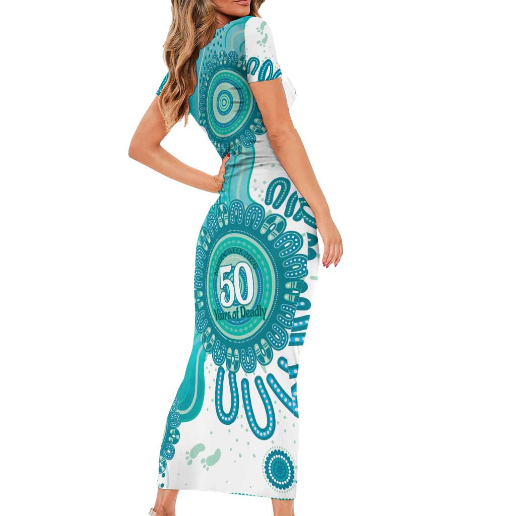 NAIDOC Week 2026 Family Matching Short Sleeve Bodycon Dress and Hawaiian Shirt 50 Years Deadly Dhari Cyan Aboriginal Art
