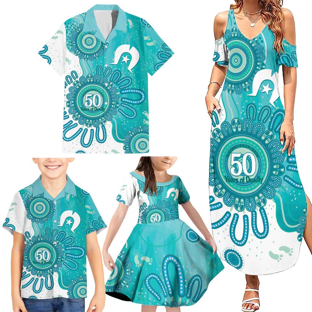 NAIDOC Week 2026 Family Matching Summer Maxi Dress and Hawaiian Shirt 50 Years Deadly Dhari Cyan Aboriginal Art