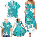 NAIDOC Week 2026 Family Matching Summer Maxi Dress and Hawaiian Shirt 50 Years Deadly Dhari Cyan Aboriginal Art