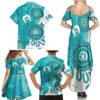 NAIDOC Week 2026 Family Matching Summer Maxi Dress and Hawaiian Shirt 50 Years Deadly Dhari Cyan Aboriginal Art