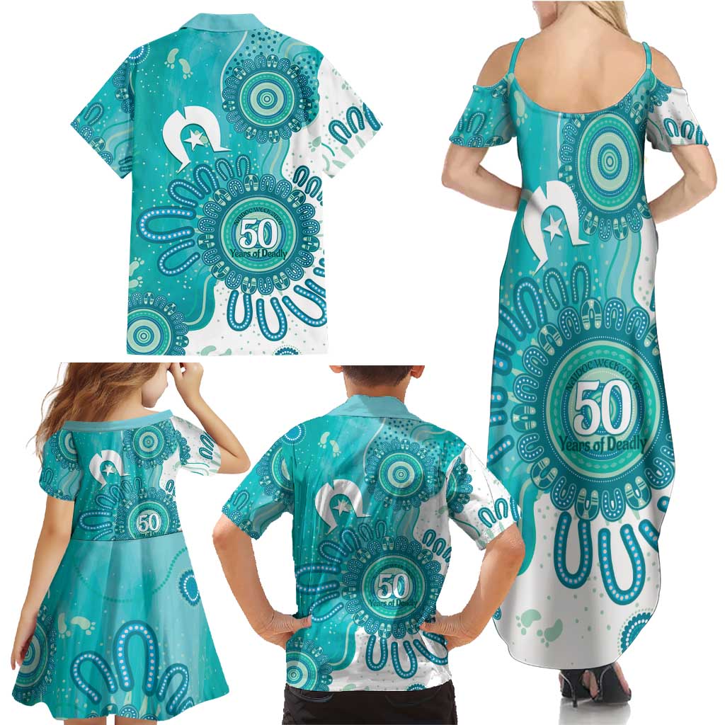 NAIDOC Week 2026 Family Matching Summer Maxi Dress and Hawaiian Shirt 50 Years Deadly Dhari Cyan Aboriginal Art