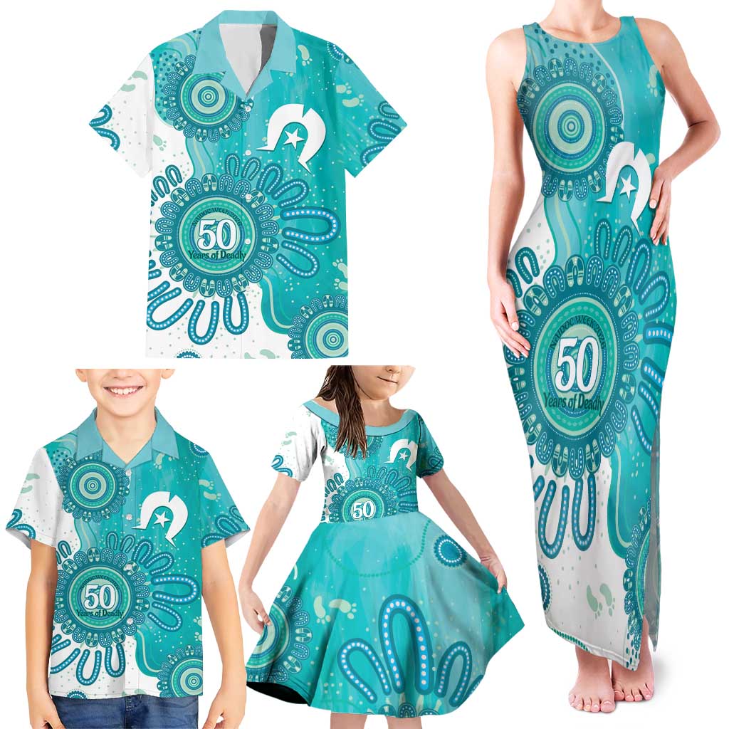 NAIDOC Week 2026 Family Matching Tank Maxi Dress and Hawaiian Shirt 50 Years Deadly Dhari Cyan Aboriginal Art