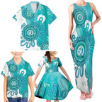 NAIDOC Week 2026 Family Matching Tank Maxi Dress and Hawaiian Shirt 50 Years Deadly Dhari Cyan Aboriginal Art