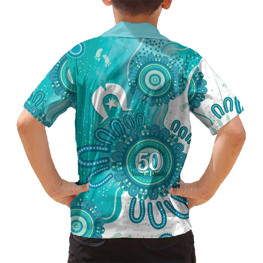 NAIDOC Week 2026 Family Matching Tank Maxi Dress and Hawaiian Shirt 50 Years Deadly Dhari Cyan Aboriginal Art