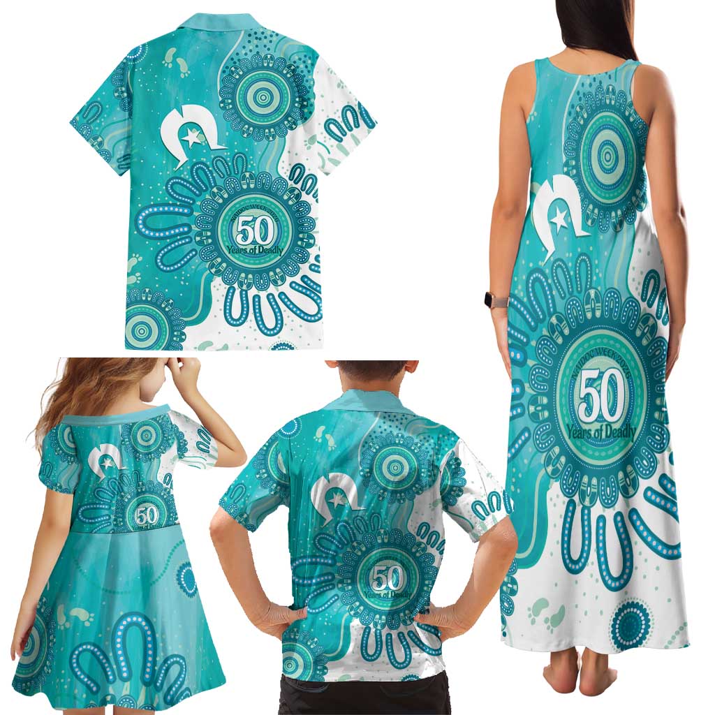 NAIDOC Week 2026 Family Matching Tank Maxi Dress and Hawaiian Shirt 50 Years Deadly Dhari Cyan Aboriginal Art