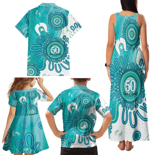 NAIDOC Week 2026 Family Matching Tank Maxi Dress and Hawaiian Shirt 50 Years Deadly Dhari Cyan Aboriginal Art