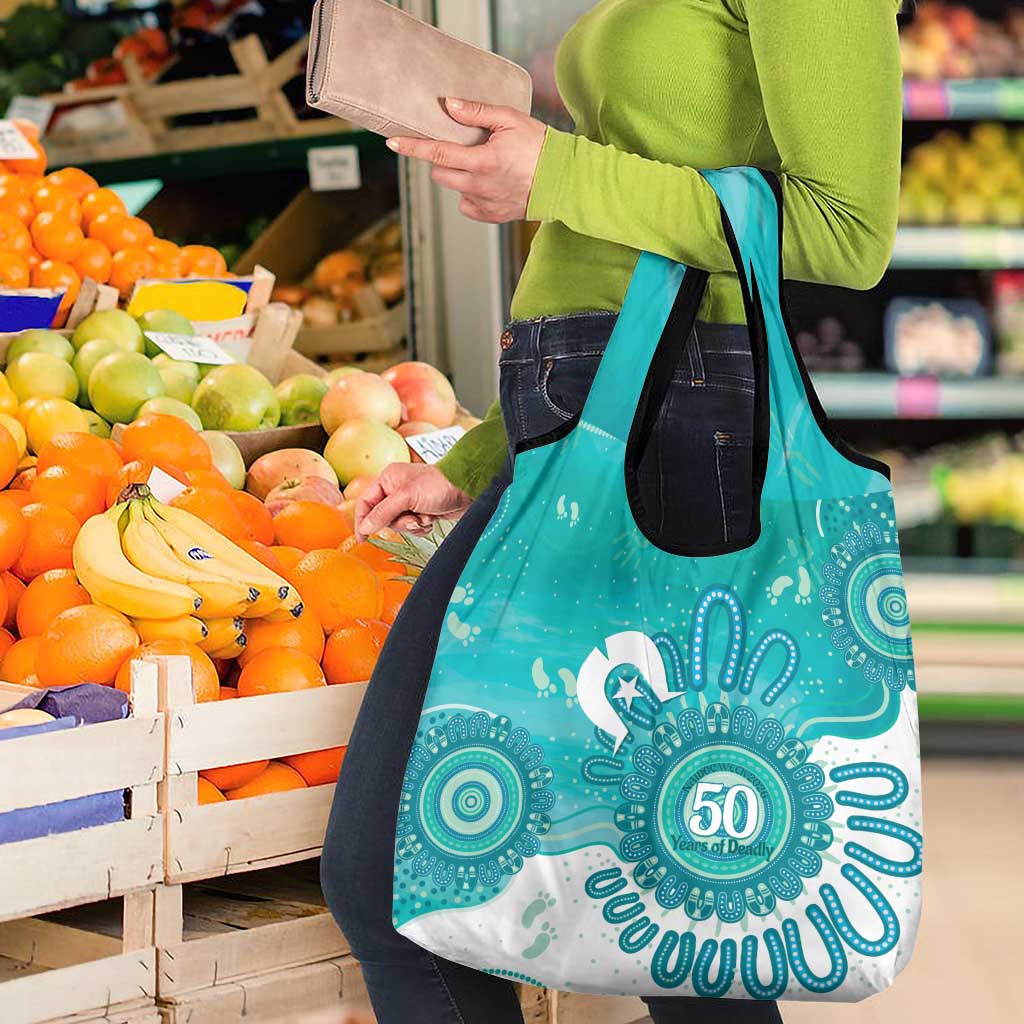 NAIDOC Week 2026 Grocery Bag 50 Years Deadly Dhari Cyan Aboriginal Art