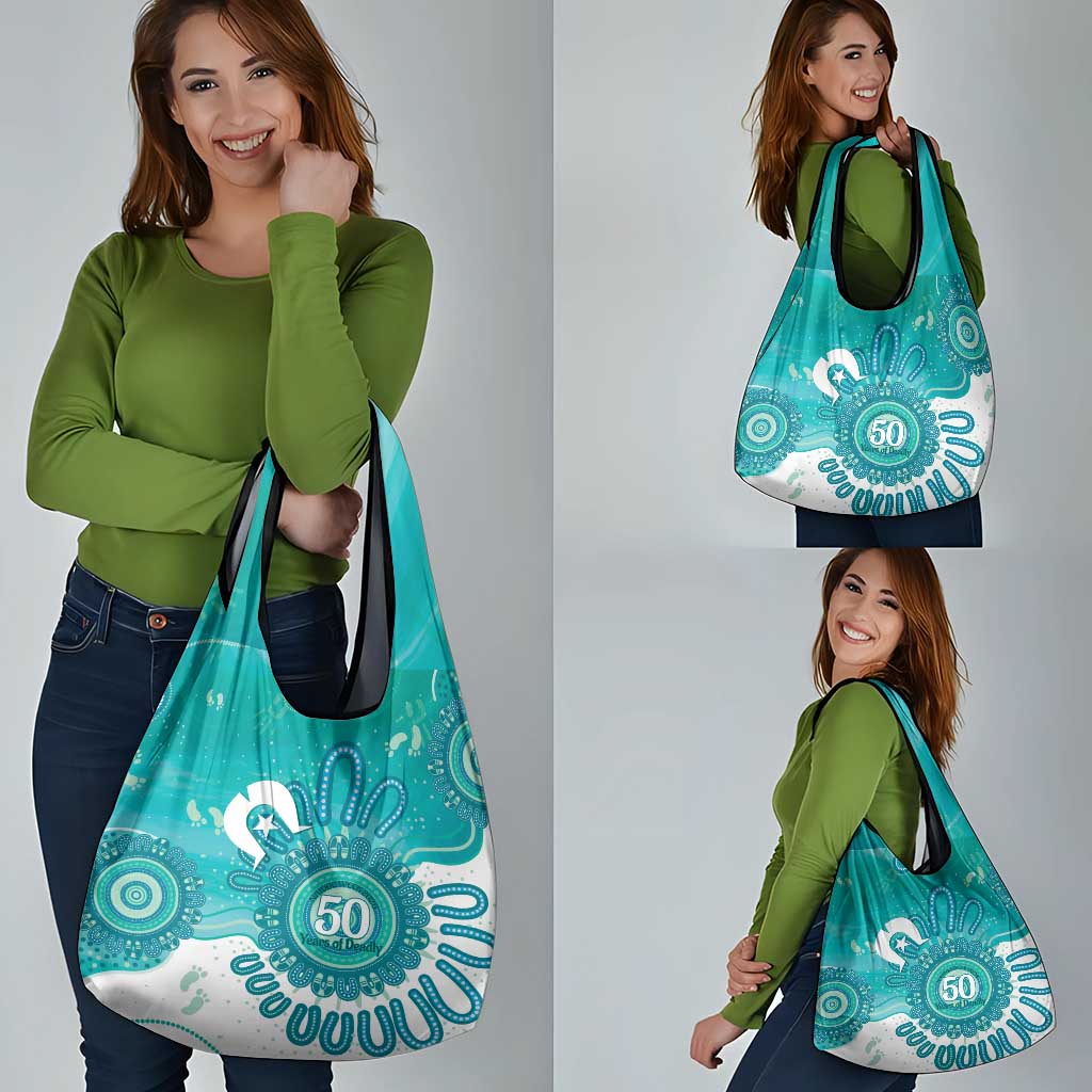 NAIDOC Week 2026 Grocery Bag 50 Years Deadly Dhari Cyan Aboriginal Art