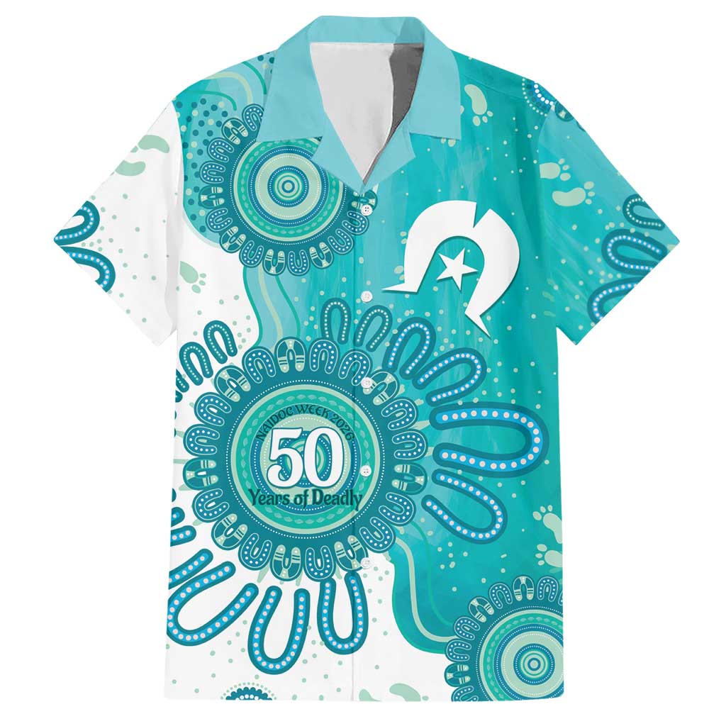 NAIDOC Week 2026 Hawaiian Shirt 50 Years Deadly Dhari Cyan Aboriginal Art