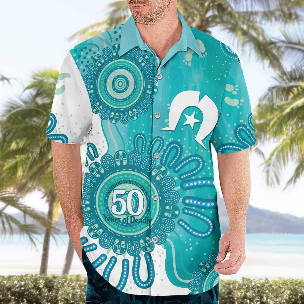 NAIDOC Week 2026 Hawaiian Shirt 50 Years Deadly Dhari Cyan Aboriginal Art