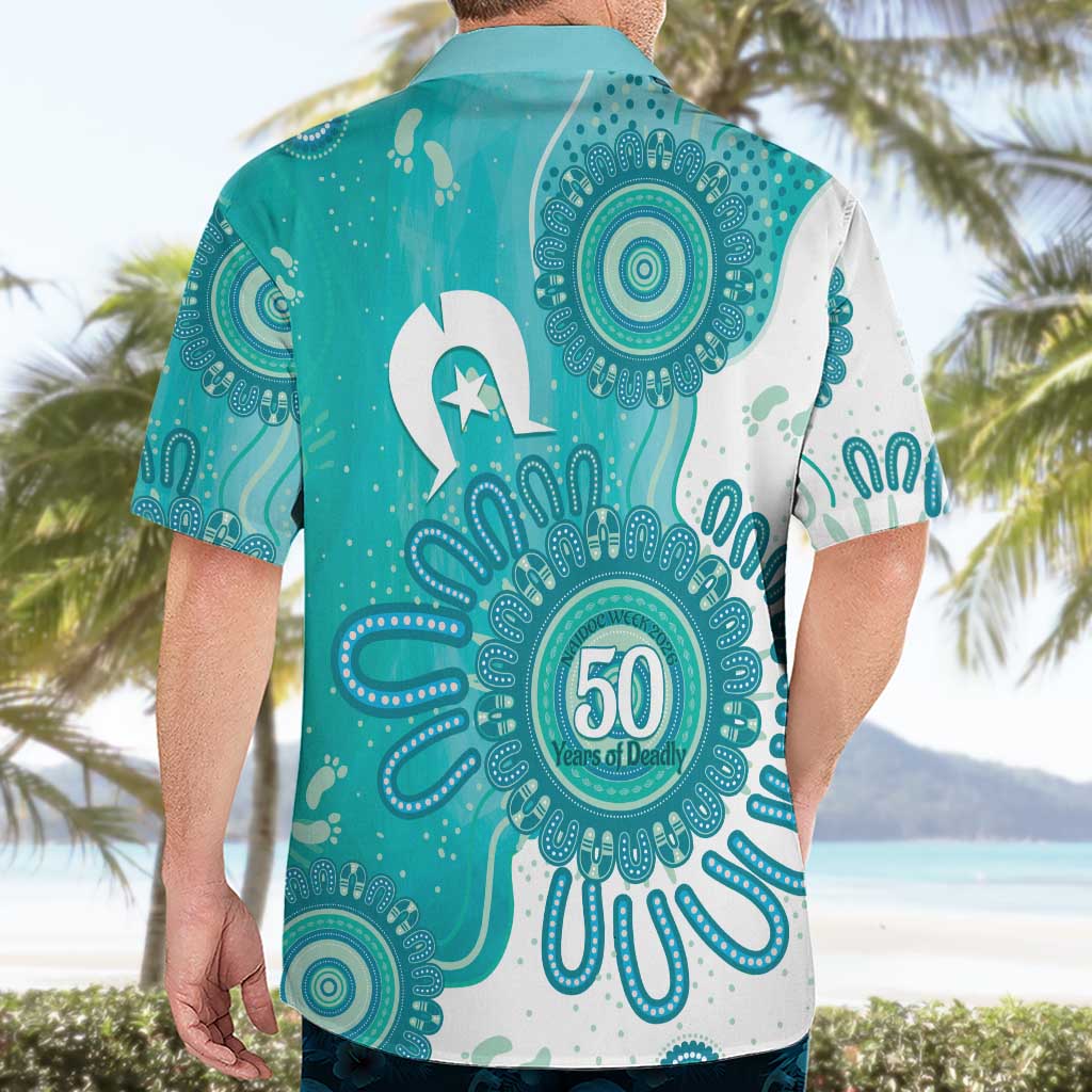 NAIDOC Week 2026 Hawaiian Shirt 50 Years Deadly Dhari Cyan Aboriginal Art
