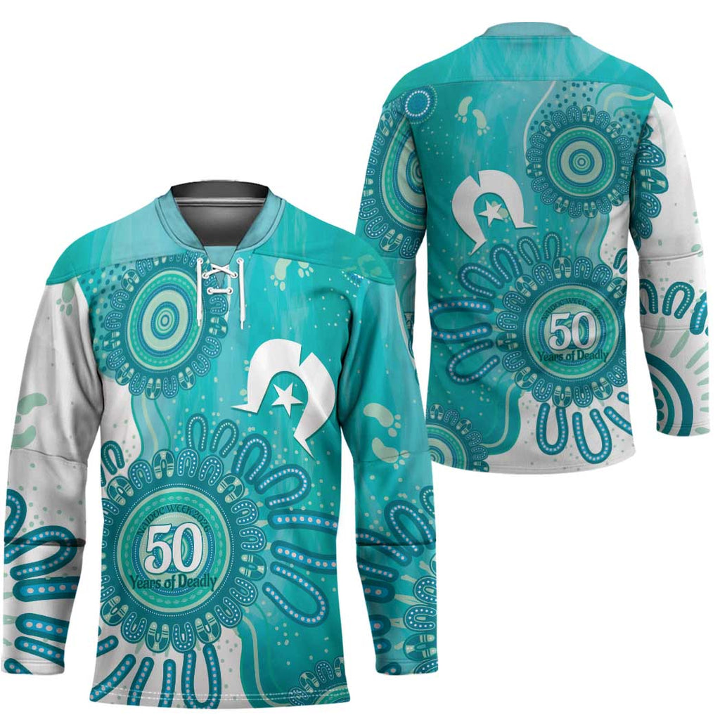 NAIDOC Week 2026 Hockey Jersey 50 Years Deadly Dhari Cyan Aboriginal Art