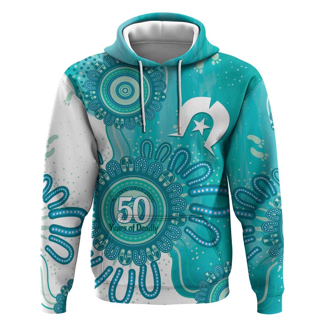 NAIDOC Week 2026 Hoodie 50 Years Deadly Dhari Cyan Aboriginal Art