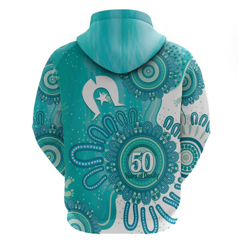 NAIDOC Week 2026 Hoodie 50 Years Deadly Dhari Cyan Aboriginal Art
