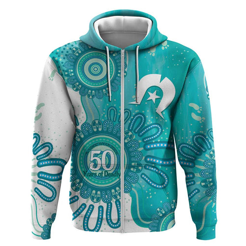 NAIDOC Week 2026 Hoodie 50 Years Deadly Dhari Cyan Aboriginal Art