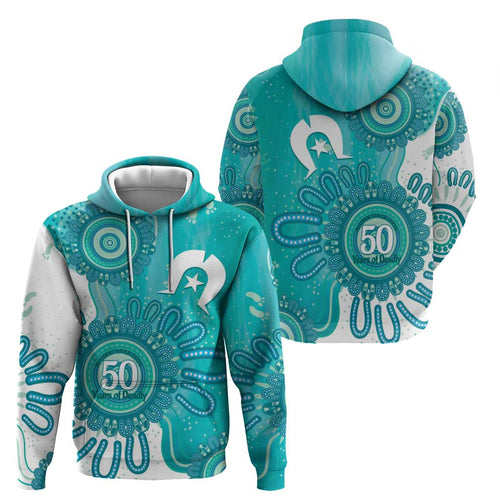 NAIDOC Week 2026 Hoodie 50 Years Deadly Dhari Cyan Aboriginal Art