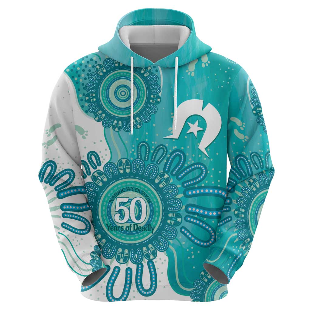 NAIDOC Week 2026 Hoodie 50 Years Deadly Dhari Cyan Aboriginal Art
