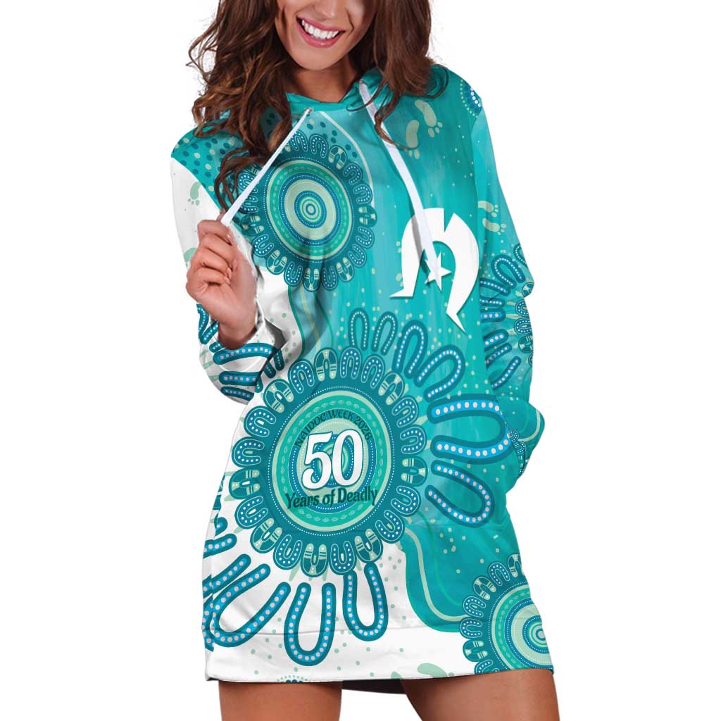 NAIDOC Week 2026 Hoodie Dress 50 Years Deadly Dhari Cyan Aboriginal Art