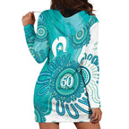 NAIDOC Week 2026 Hoodie Dress 50 Years Deadly Dhari Cyan Aboriginal Art