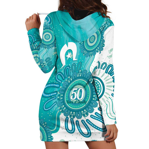 NAIDOC Week 2026 Hoodie Dress 50 Years Deadly Dhari Cyan Aboriginal Art