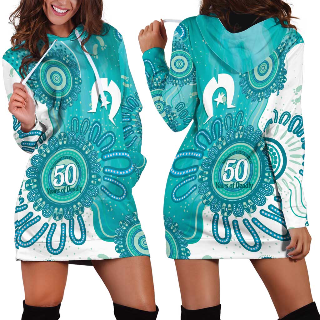NAIDOC Week 2026 Hoodie Dress 50 Years Deadly Dhari Cyan Aboriginal Art