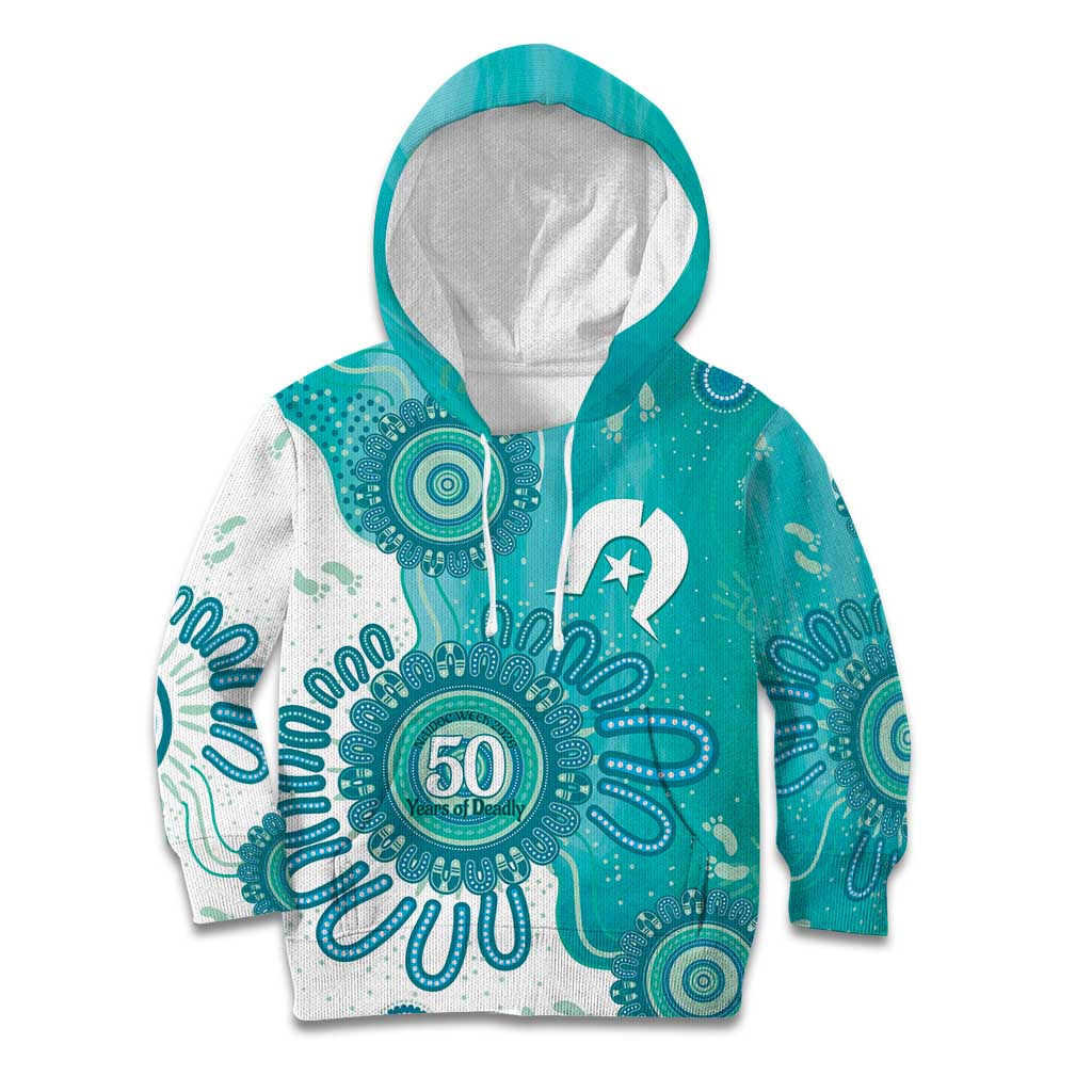 NAIDOC Week 2026 Kid Hoodie 50 Years Deadly Dhari Cyan Aboriginal Art