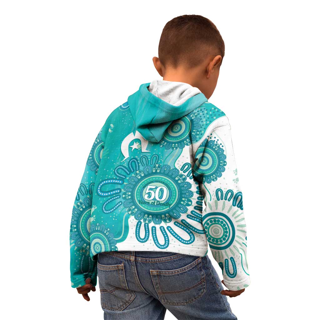 NAIDOC Week 2026 Kid Hoodie 50 Years Deadly Dhari Cyan Aboriginal Art