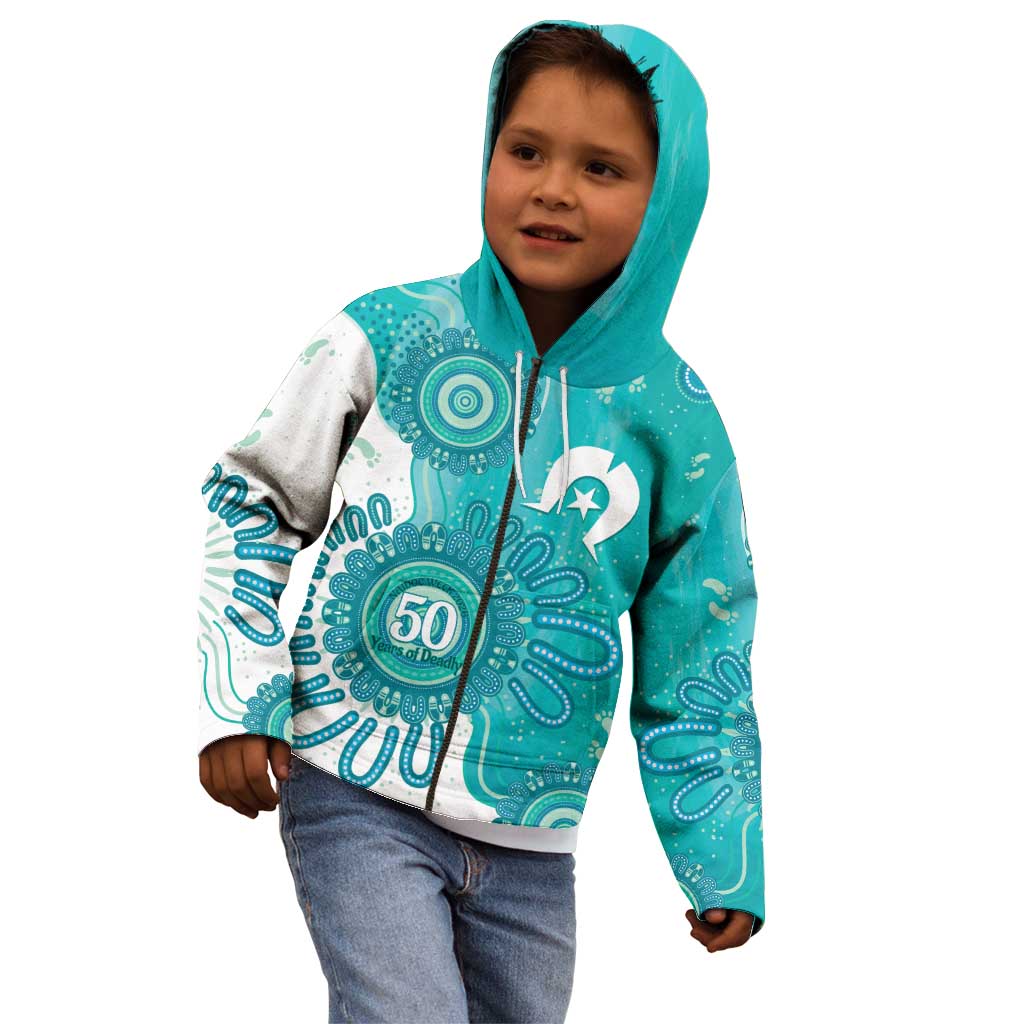 NAIDOC Week 2026 Kid Hoodie 50 Years Deadly Dhari Cyan Aboriginal Art