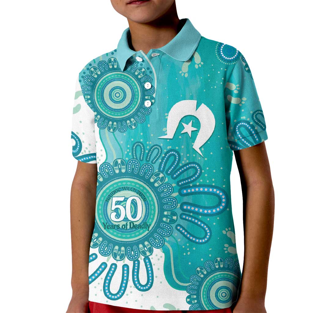 NAIDOC Week 2026 Kid Polo Shirt 50 Years Deadly Dhari Cyan Aboriginal Art