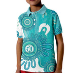 NAIDOC Week 2026 Kid Polo Shirt 50 Years Deadly Dhari Cyan Aboriginal Art