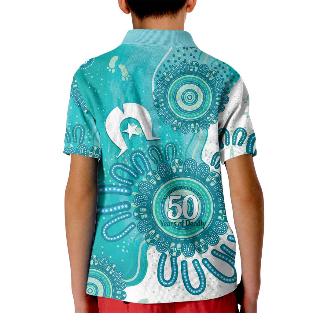NAIDOC Week 2026 Kid Polo Shirt 50 Years Deadly Dhari Cyan Aboriginal Art