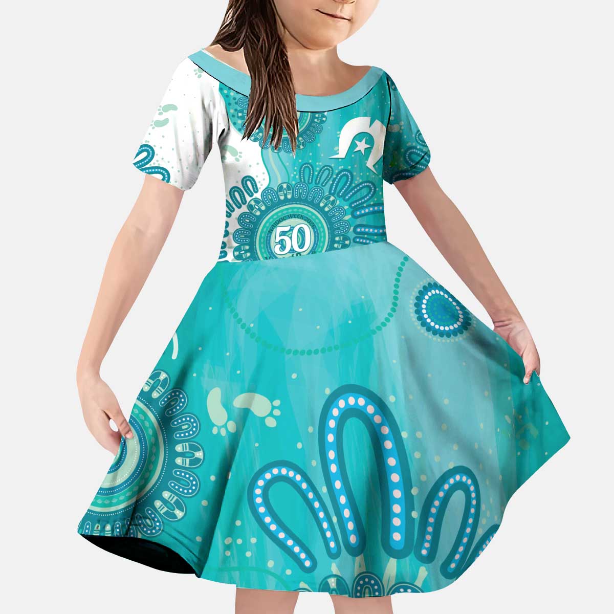 NAIDOC Week 2026 Kid Short Sleeve Dress 50 Years Deadly Dhari Cyan Aboriginal Art