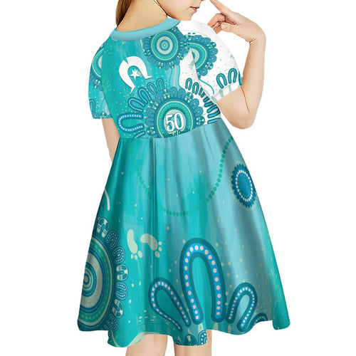 NAIDOC Week 2026 Kid Short Sleeve Dress 50 Years Deadly Dhari Cyan Aboriginal Art