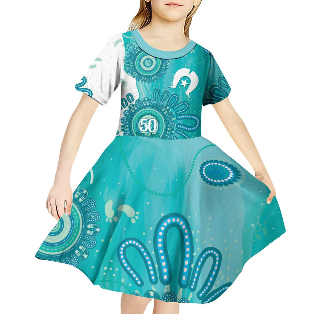 NAIDOC Week 2026 Kid Short Sleeve Dress 50 Years Deadly Dhari Cyan Aboriginal Art