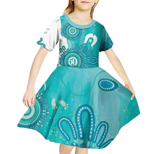NAIDOC Week 2026 Kid Short Sleeve Dress 50 Years Deadly Dhari Cyan Aboriginal Art