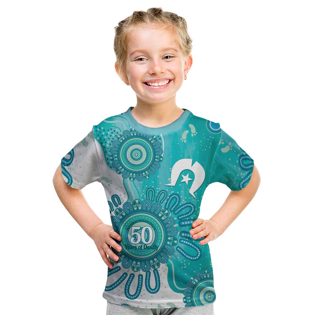 NAIDOC Week 2026 Kid T Shirt 50 Years Deadly Dhari Cyan Aboriginal Art