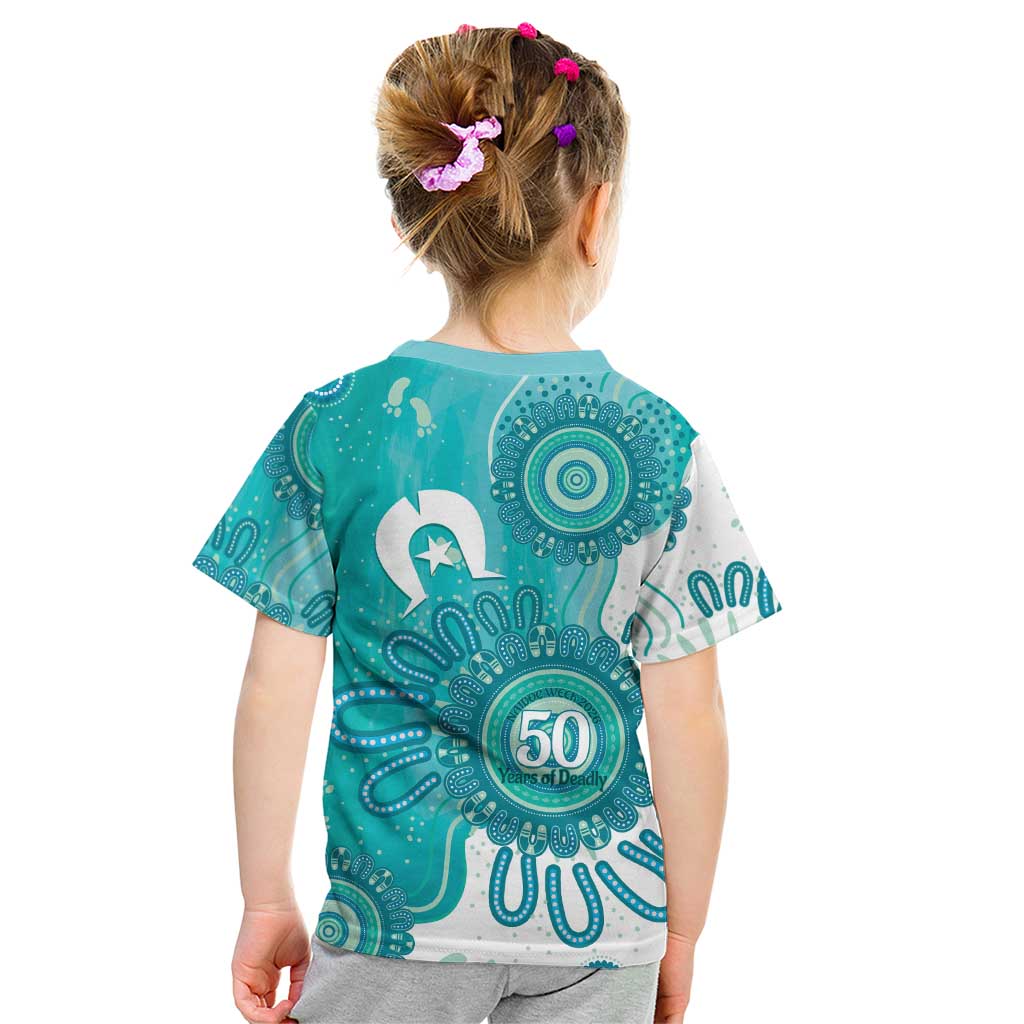 NAIDOC Week 2026 Kid T Shirt 50 Years Deadly Dhari Cyan Aboriginal Art