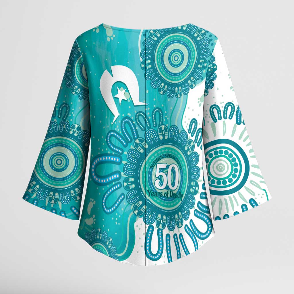 NAIDOC Week 2026 Kimono Sleeve Blouse 50 Years Deadly Dhari Cyan Aboriginal Art
