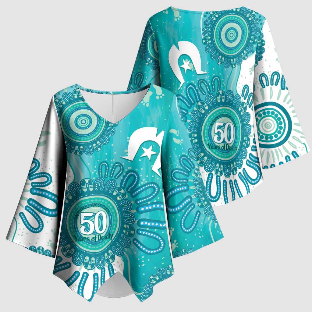 NAIDOC Week 2026 Kimono Sleeve Blouse 50 Years Deadly Dhari Cyan Aboriginal Art