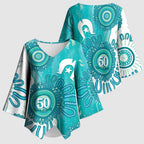 NAIDOC Week 2026 Kimono Sleeve Blouse 50 Years Deadly Dhari Cyan Aboriginal Art