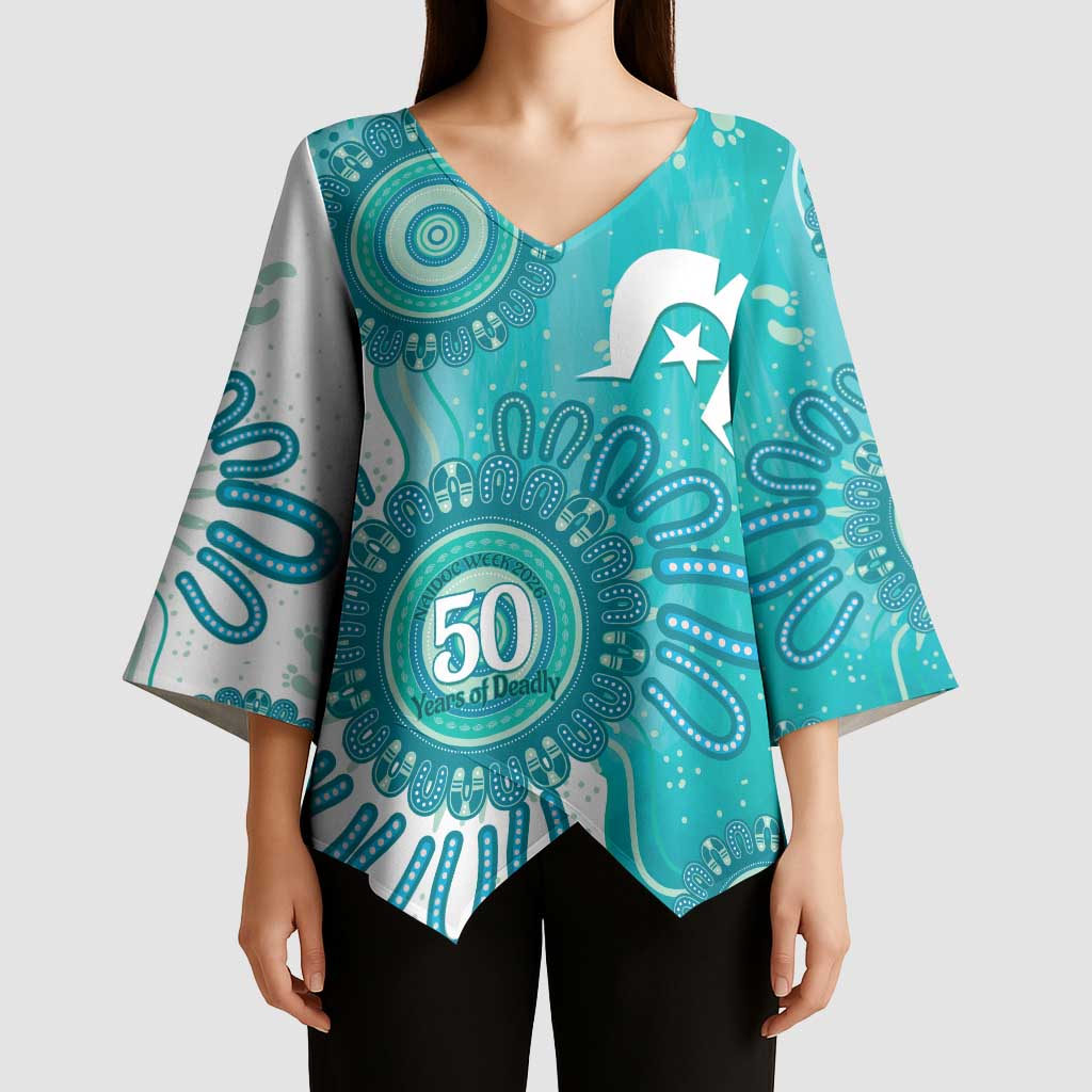 NAIDOC Week 2026 Kimono Sleeve Blouse 50 Years Deadly Dhari Cyan Aboriginal Art