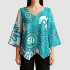 NAIDOC Week 2026 Kimono Sleeve Blouse 50 Years Deadly Dhari Cyan Aboriginal Art