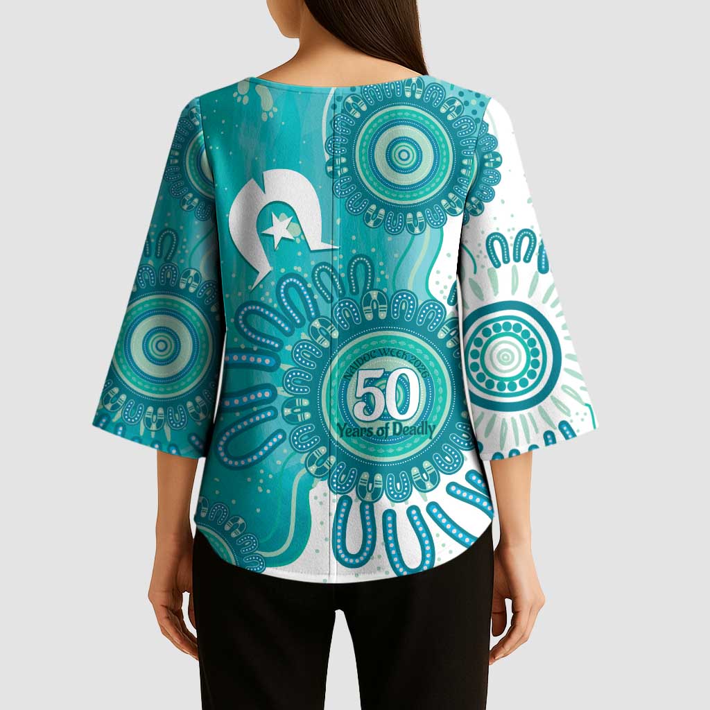NAIDOC Week 2026 Kimono Sleeve Blouse 50 Years Deadly Dhari Cyan Aboriginal Art