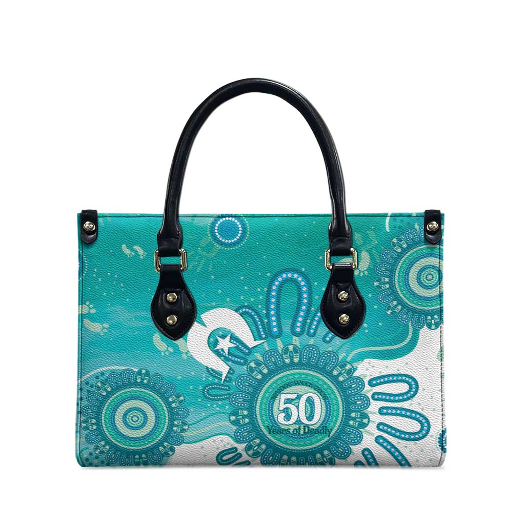 NAIDOC Week 2026 Leather Bag 50 Years Deadly Dhari Cyan Aboriginal Art