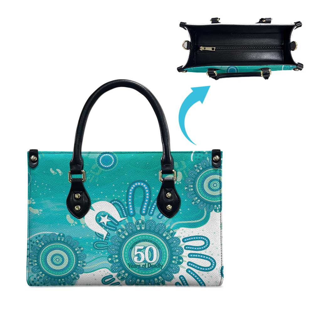 NAIDOC Week 2026 Leather Bag 50 Years Deadly Dhari Cyan Aboriginal Art