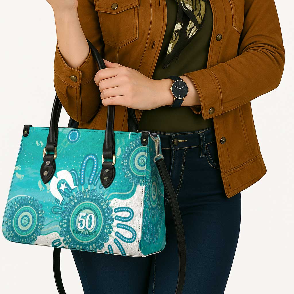 NAIDOC Week 2026 Leather Bag 50 Years Deadly Dhari Cyan Aboriginal Art