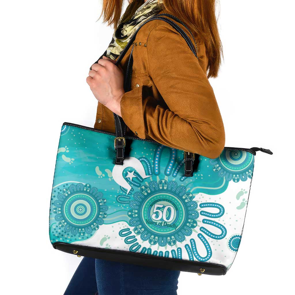 NAIDOC Week 2026 Leather Tote Bag 50 Years Deadly Dhari Cyan Aboriginal Art